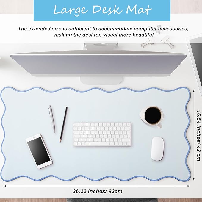 Hahafelt Scalloped Desk Mat Large Scalloped Piping Cute Desk Mat Aesthetic Preppy Table Pad Large Nonslip Pad with Edge Stitching Waterproof Gaming(Blue,36 x 17 Inches)