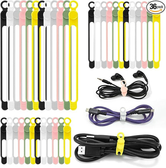 36Pcs Silicone Cable Ties, 6 Colors Data Cable Organizer Ties, 3 Sizes Cord Ties for Charging Cables, Wire Organizers, Electrical Cords, Computer Wires, Cord Organizers
