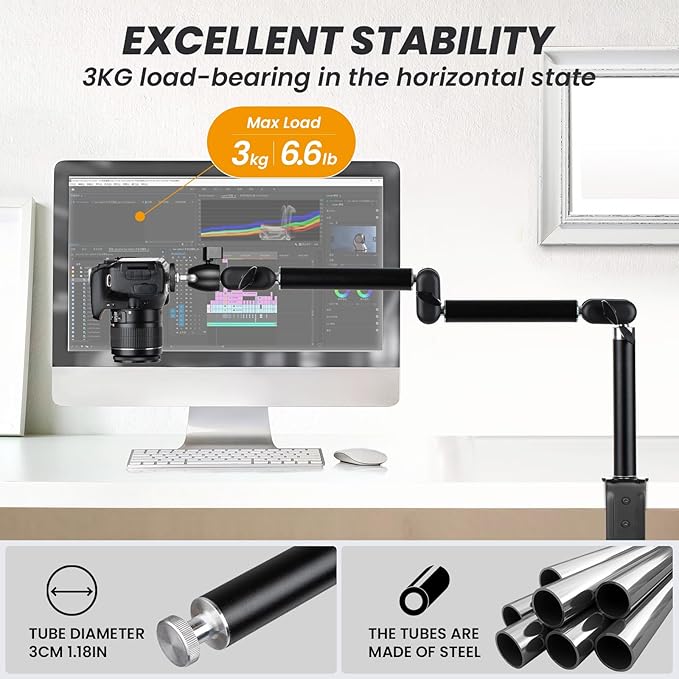 TARION Overhead Camera Desk Mount - 360° Flexible Articulating Arm with 3/8'' Screw and 1/4'' Screw Ballhead for DSLR SLR Mirrorless Cameras Projector Ring Light TKA01-M