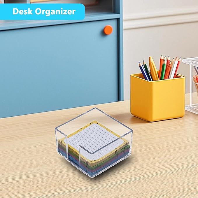 Acrylic Sticky Note Holder - 3 x 3 Sticky Note Dispenser with 4 Sets of Colored Sticky Notes for Office and Home Desktop Organizer