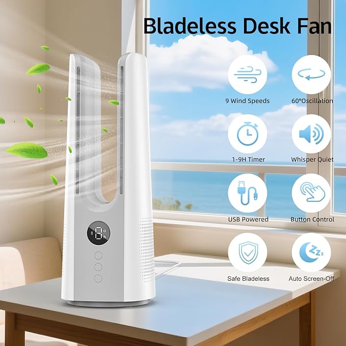13 Inch Desk Fan, Portable Bladeless Fan, Small Quiet Table Fan with 60°Oscillating, 9 Speeds & 9H Timer, LED Display, Button Control, Easy to Clean, Personal Desktop Fan for Bedroom, Office，Home