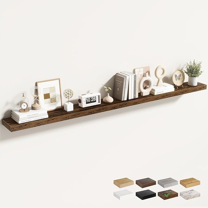 Acovy 72 Inch Floating Shelves for Wall 1 Pack, 72" Wall Shelves for Books, Storage, Decor, Wall Mounted Floating Shelf with Invisible Brackets for Kitchen, Living Room, Brown