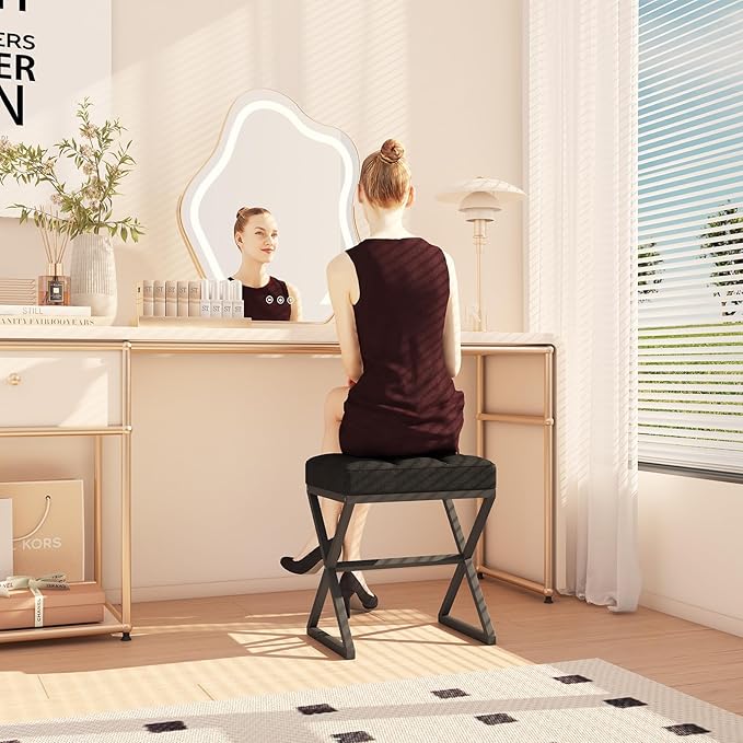 YMYNY Vanity Stool, Linen Footrest Stool, Ottoman Bench with X-Shaped Metal Legs, Makeup Dressing Stool for Vanity, Living Room, Bedroom, Entryway, Hallways 15.74" D×11.81" W×18.11" H Black UHBD033B