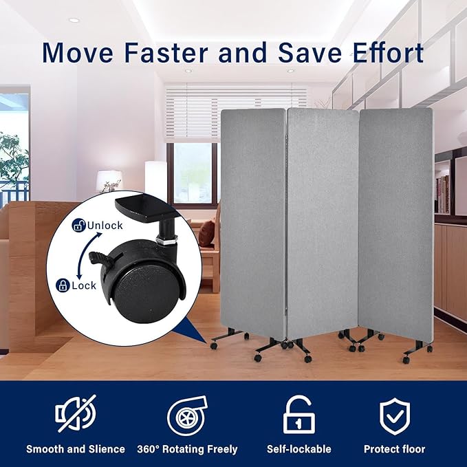 72" X 66" Acoustic Room Divider, 3 Panel Folding Privacy Partition with Wheels, FreestandingTackable Offices Screen, Portable Sound Proof Partition Wall for School, Clinic, Or Home Working Space