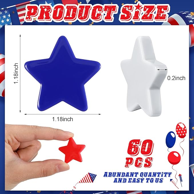 60 Pcs 4th of July Star Vase Bowl Table Filler Mini Resin Patriotic Star Red White Blue Decor for Craft Cutouts Tiered Tray Vase Bowl Table Filler Decor for Independence Day Hanging Ornament,1.18''