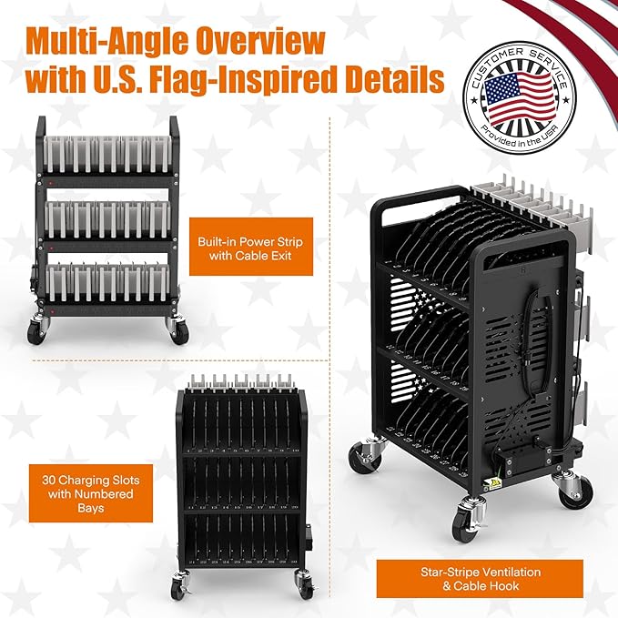 30-Unit Mobile Charging Cart-Open Charging Station Rack for 14-inch Chromebooks and Tablets-Tablet Organizer Station with Cable Management and Charger Organization(Black)