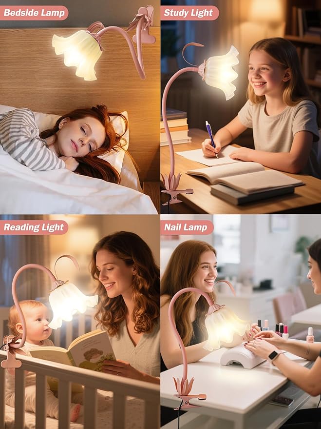 Flower Desk Lamp,Reading Light for Books in Bed,3 Color Modes 360°Rotation Clip on Light,Vintage Flower Bedside Lamp for Bed Headboard Bedroom College Dorm Office Lighting Table Lamp Home Decoration
