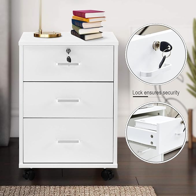 OFCASA 3 Drawer File Cabinet with Lock, Small Rolling Filing Cabinets for Home Office, Wooden Under Desk File Cabinet with Wheels, Mobile Storage Cabinet Printer Stand, for Letter/Legal/A4 Size, White