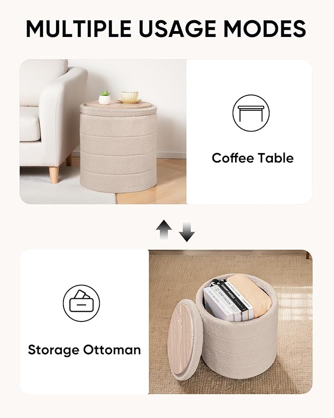 18" Tall Round Boucle Storage Ottoman, Sherpa Teddy Fabric Ottoman Footstool with Wooden Tray Reversible Lid, Folding Footrest with Storage for Living Room, Bedroom, Dorm, Beige