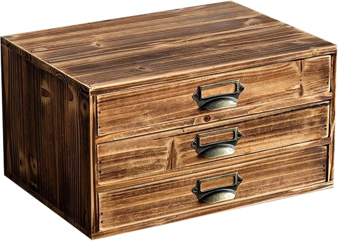Stackable Modular Desktop Drawer Organizer, Solid Vintage Wood 3-Drawer Storage Unit with Label Pull Handles, Burnt Aged Wooden Japandi Style, Expandable by Adding More Units for Clutter-Free Spaces