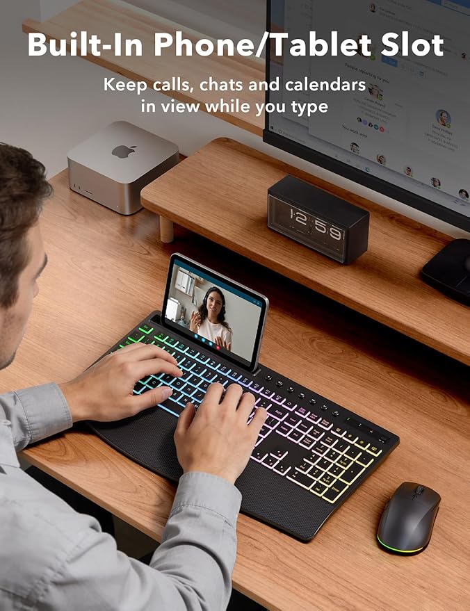 Wireless Keyboard and Mouse Combo - 4000mAh Rechargeable Backlit Keyboard with Wrist Rest & Phone Holder, Full Size Quiet Typing 2.4G USB-A/Type-C for PC, Laptop, Windows, Mac, Trueque KM22 Ultra