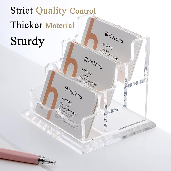 HeZone Business Card Holder for Desk 3 Slots 3 Tier, Clear Acrylic Cards Display Stand, Cards Organizer for Women and Men, Hold 150 Cards-Horizontal 3 Slots