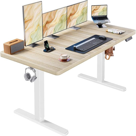 HUANUO 60 x 30 inch Large Standing Desk, Powerful Brushless Motor Large Height Adjustable Table, 4 Memory Preset Stand Up Work Station Sit Stand Desk, Home Office with Thick T-Shaped Frame,Natural