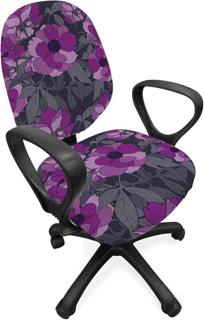 Ambesonne Floral Office Chair Slipcover, Violet Tones Grungy Look Flower Print Wild Rose, Protective Stretch Decorative Fabric Cover, Standard Size, Purple Grey