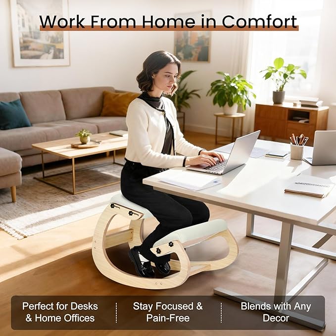 Ergonomic Kneeling Chair - Adjustable Seat, Smooth Rocking Base for Active Posture, Relieves Back & Spine Pressure for Office &Home Sturdy Kneeling Desk Chair Holds 300 lbs, Durable & Stable
