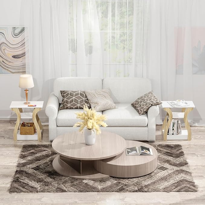 FROMJBEST End Table Set of 2 with Charging Station, Side Table with USB Ports and Outlets, Nightstand, 3 Tier End Table with Storage Shelf for Living Room, Bedroom (White Set of 2)