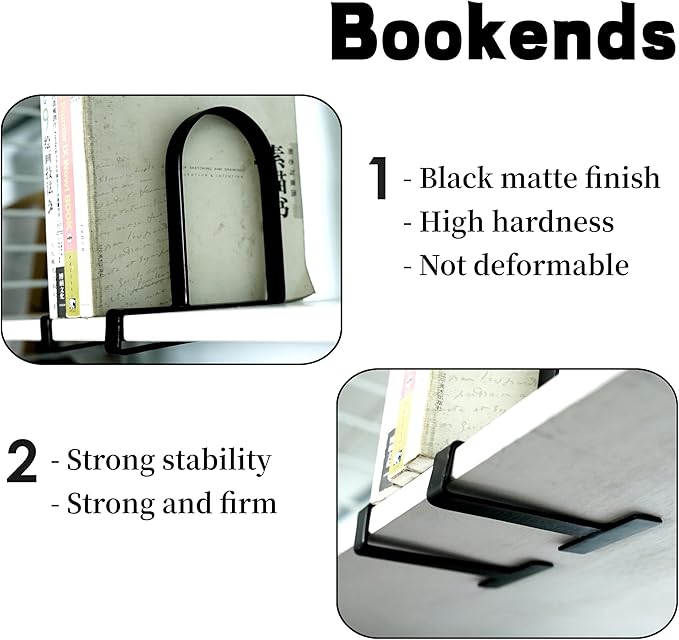 AJART Book Ends for Shelves: Black Heavy Duty Bookends - Metal Clamp Book Organizer Storage Holders (Matte Black)