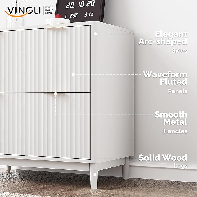 VINGLI 2 Drawer File Cabinet, Home Office Filing Organizer, for Letter Legal A4 Size File Folder Storage, Modern Style Fluted Design, Wood Lateral Filing Cabinet, Printer Stand, Archivador, White