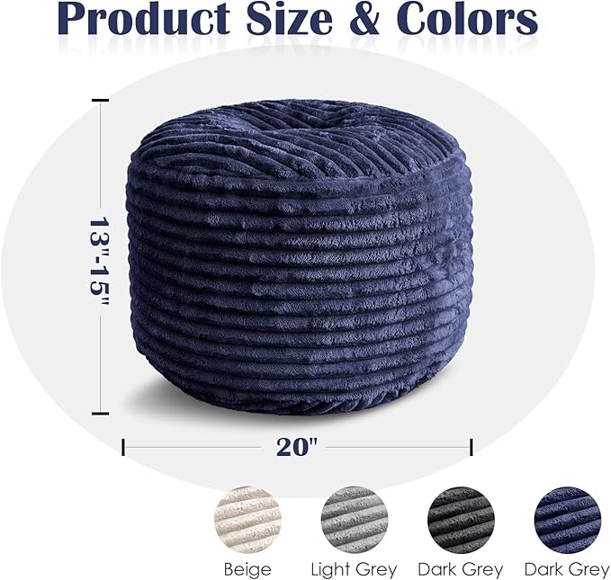 SHOUREN Stuffed Round Pouf Ottoman, Lightweight and Fluffy Poufs Storage Ottoman for Living Room,Corduroy Foot Rest with Shredded Foam Filling,Soft Floor Pouf for Couch,20"x15", Navy