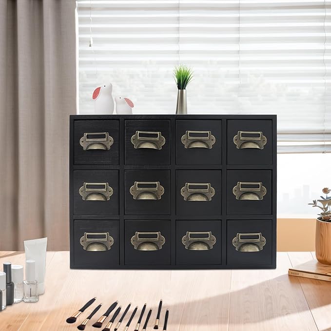 12 Drawer Drawers Storage Cabinet, Wooden Medicine Cabinet Desktop Drawer Organizer Herb Storage Box with Solid Wood Build & No Assembly for organize spices medicines jewelry cosmetics(Black)