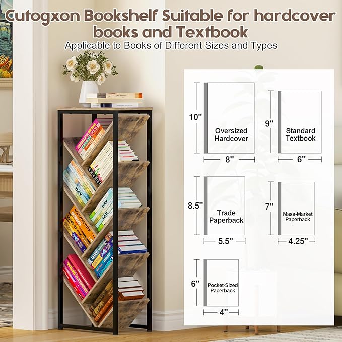 Cutogxon Tree Bookshelf - 9 Tier Floor Standing Bookshelf for Hardcover Books, Small Bookshelf for Small Spaces Wooden Book Storage Organizer Shelves for Bedroom Living Room