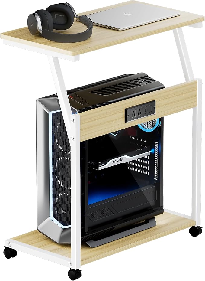 FANXIYQ Computer Tower Stand with 360° Locking Casters, 5 Height Adjustable Mobile CPU Cart, Under Desk PC Holder for Gaming Desktop, Home Office Organization, White