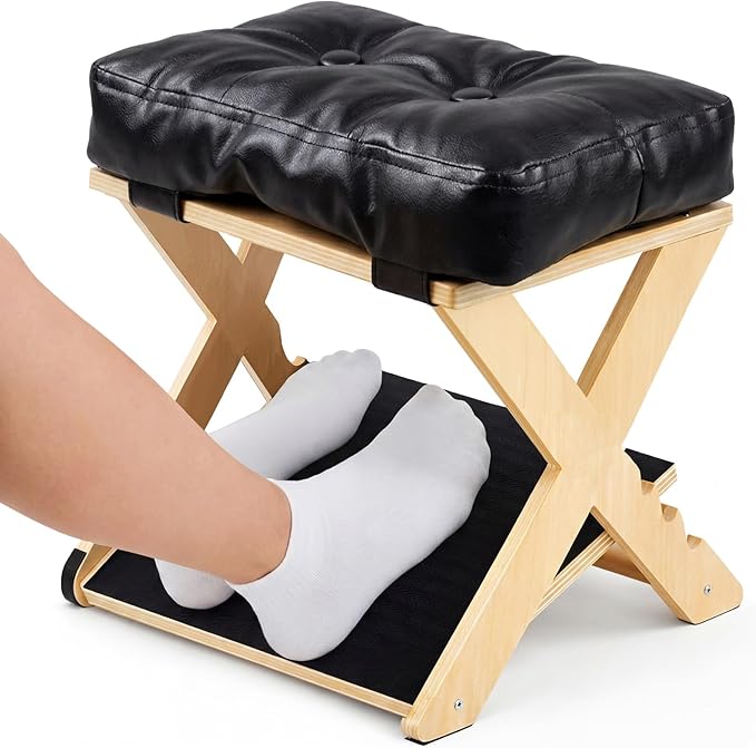 Unittype Double Step Foot Rest for Under Desk – Ergonomic Footrest with Massage Surface, Non-Slip Adjustable Wooden Foot Stool with Cushion for Improving Sitting Posture, Office Work & Home(Natural)