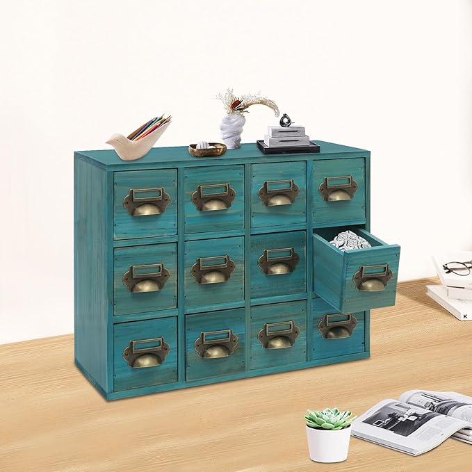 12 Drawer Drawers Storage Cabinet, Wooden Medicine Cabinet Desktop Drawer Organizer Herb Storage Box with Solid Wood Build & No Assembly for organize spices medicines jewelry cosmetics(Blue)