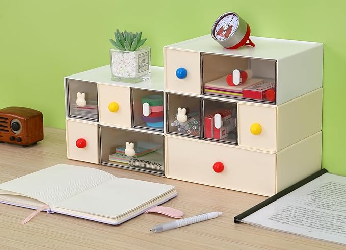 Desktop Storage Drawers, Plastic Desk Organizer with 2 Drawers, Modular Stackable Toolbox Units for Office Stationary, Makeup Container, Bathroom Countertop (1 Tall Layer, Cream)