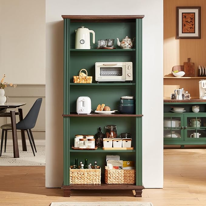 SAVOR LIFE 70" Tall Green Bookshelf,5 Tier Wooden Book Shelf with Adjustable Shelves & Wood Legs,Free Standing Farmhouse Bookcase with Open Display Storage,Vintage Bookshelves for Library, 2PCS