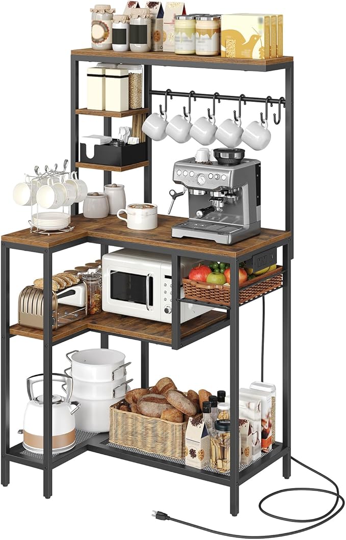 YATINEY Coffee Bar, Bakers Rack with Power Outlet, Large Microwave Stand with Wire Basket and 6 Hooks, Kitchen Storage Rack, Versatile Coffee Station for Living Room, Home Cafe, Rustic Brown HB10UBR