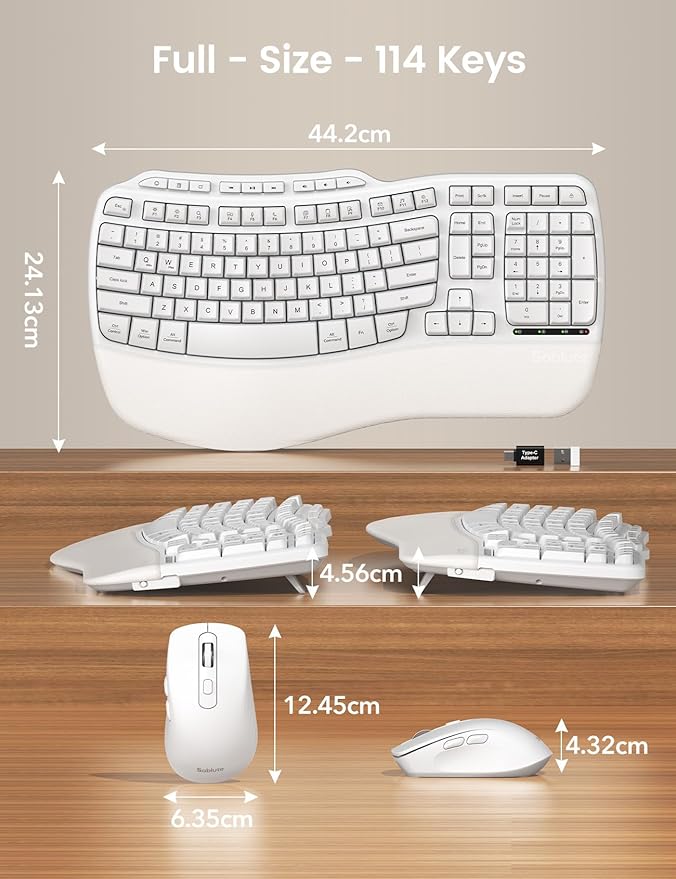 White Ergonomic Wireless Keyboard and Mouse Combo, 2.4G Full Size Ergo Wave Key Board with Cushioned Plam Rest, Natural Typing, 3 DPI Adjustable Silent Mouse for Computer/Laptop/Windows/Mac - Sablute