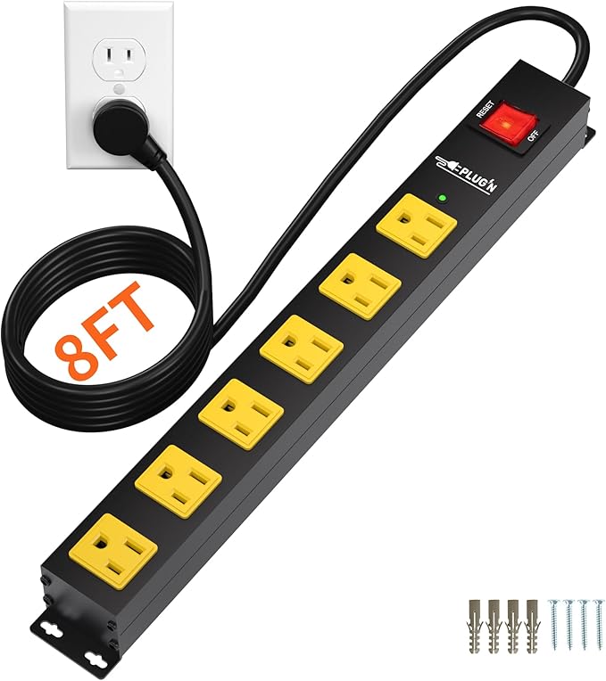 Power Strip 2700J Surge Protector, Heavy Duty Power Strips with 8FT Long Cord and Flat Plug, Wall Mountable Metal 6 Outlet Strip for Desk, Garage, Workbench and Kitchen