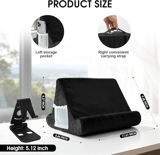 Universal Tablet Cushion Stand - Multi-Angle Lazy Holder with Net Pocket & Phone Stands Options for Lap, Knee, Sofa, Bed (Black)