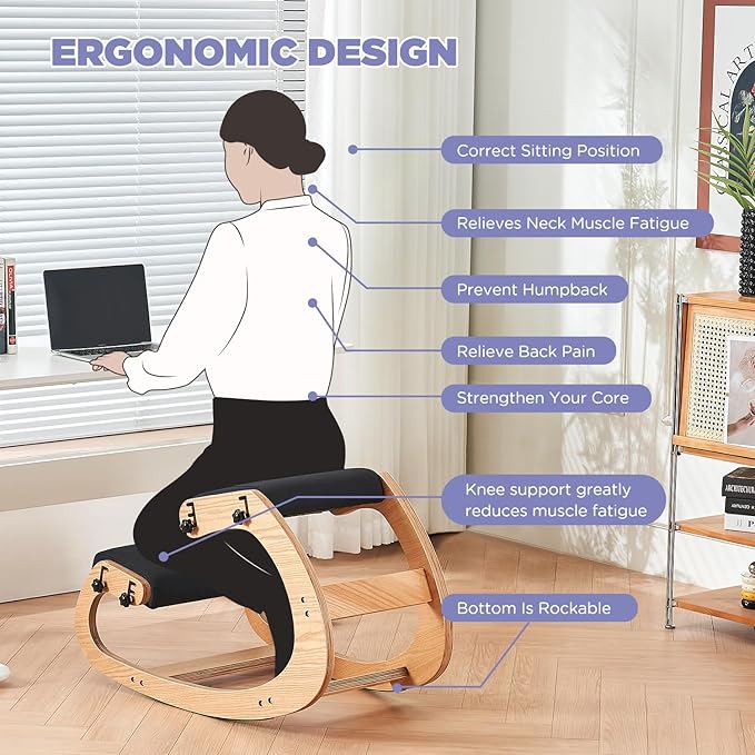 Ergonomic Kneeling Chair,Adjustable Rocking Knee Chair for Home Office,Wooden Office Chair for Back Pain Relief, Black