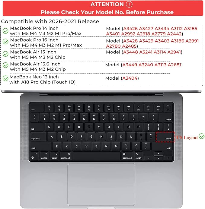 EooCoo Premium Keyboard Cover Skin Protector, Laptop Accessories Compatible with 2026 2025 2024 2023 2022 2021 M5-M1 Pro/Max MacBook Pro 14/16, M5-M2 MacBook Air 13/15, 2026 MacBook Neo 13, Pink