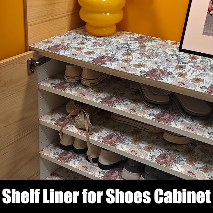 Floral Drawer Shelf Liners, 16IN x 20FT Non Adhesive and Strong Non-Slip Cabinet Drawer Shelf Liners for Kitchen Wire Fridge, Waterproof Shelf Liner,Easy to Clean