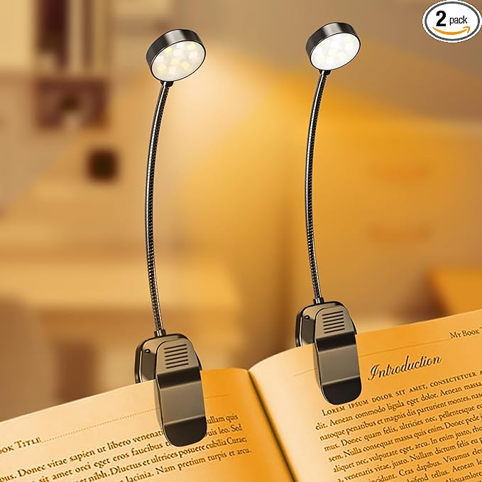 KTEBO 2 Pack 10 LED Rechargeable Book Light for Reading in Bed - Eye Caring 3 Color Temperatures, 3 Adjustable Brightness, Long Runtime Small Lightweight Clip On Book Reading Light for Studying