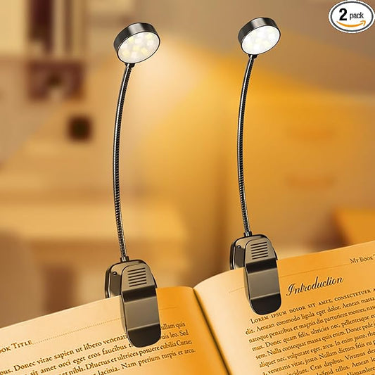 KTEBO 2 Pack 10 LED Rechargeable Book Light for Reading in Bed - Eye Caring 3 Color Temperatures, 3 Adjustable Brightness, Long Runtime Small Lightweight Clip On Book Reading Light for Studying