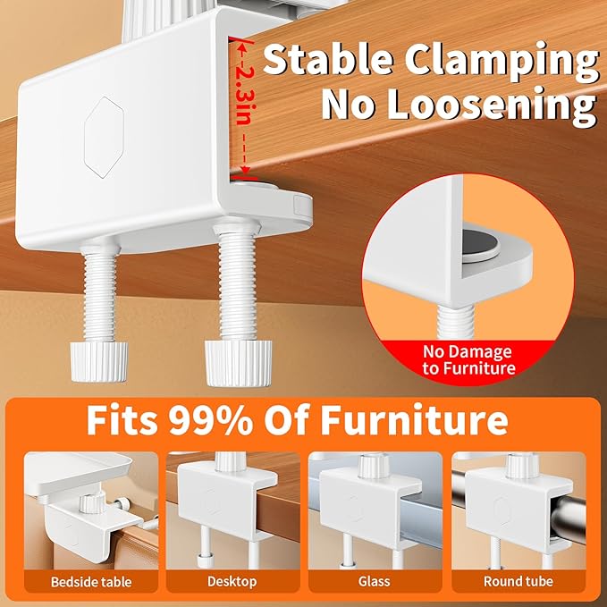 360° Rotating Bed Side Shelf - Sturdy 50lb Clip-On Bedside Tray for Dorm Bed, Bunk Beds & Small Spaces, Space-Saving Nightstand Organizer,College Dorm Room Essentials,Easy to disassemble