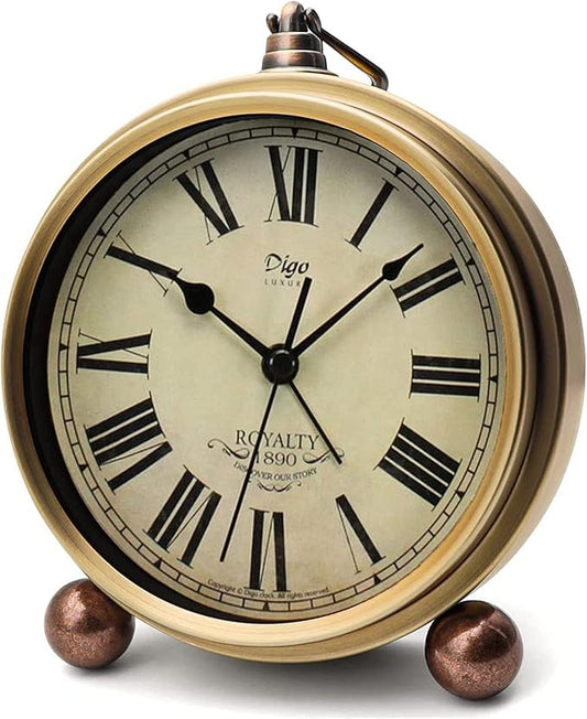 Maxspace Metal Golden Table Clock, Retro Vintage Non-Ticking Small Alarm Clock,Battery Operated Silent Quartz Movement HD Glass Desk Clock for Bedroom Living Room Indoor Decoration Kids… (Roman2)