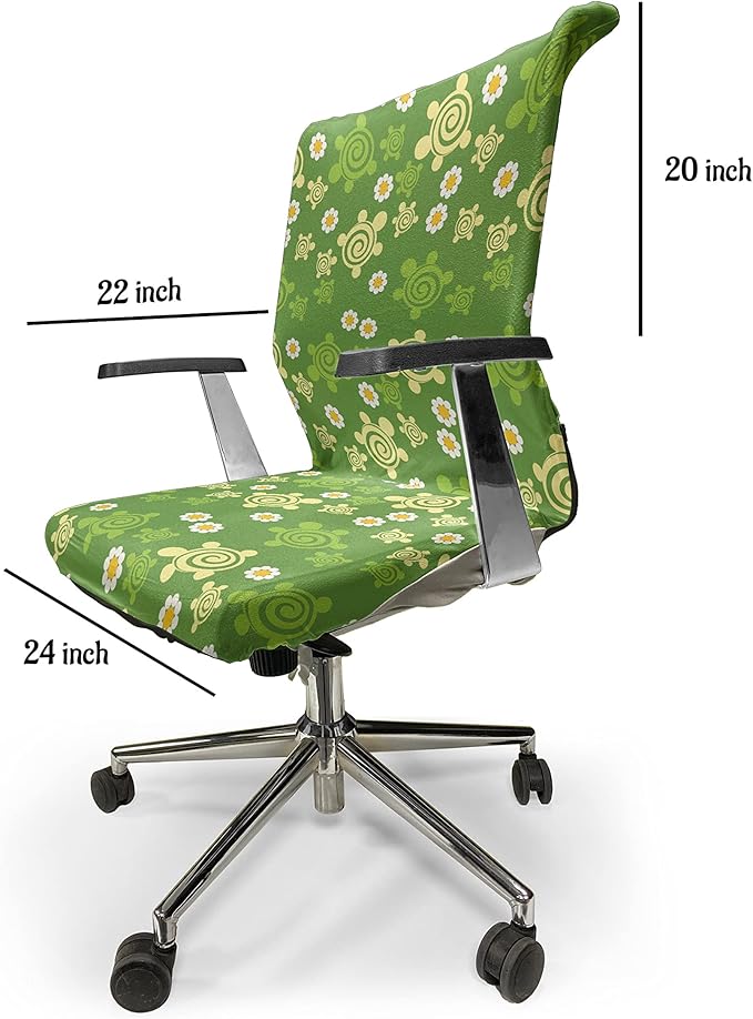 Ambesonne Turtle Office Chair Cover, Spring Revival Inspiration Chamomile Illustration and Vortex Flower Design, Stretchable Decorative Universal Size High Back Printed Slipcover, Yellow Green