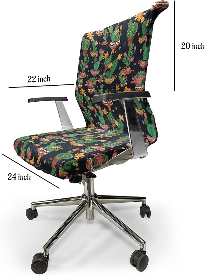 Ambesonne Cactus Print Office Chair Cover, Colorful Layout of Different Shapes of Cacti with Flowers, Stretchable Decorative Universal Size High Back Printed Slipcover, Black Grey