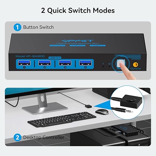 HDMI KVM Switch 1 Monitors 2 Computers 4K60Hz KVM Switches for 2 PC Share Single Monitor and 4 USB 3.0 Devices Such as Keyboard Mouse Printer with Desktop Controller and 2 USB Cables