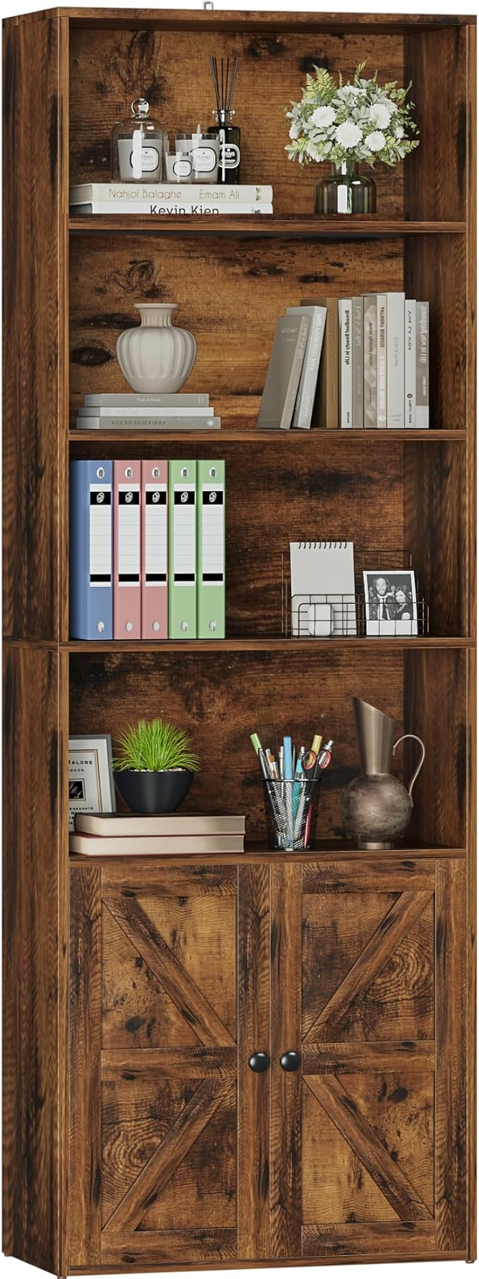 Furniwell Industrial Bookshelf and Bookcases with Doors Modern Bookshelf Cabinet Tall Book Shelves Storage for Home Office, Bedroom (Rustic Brown)
