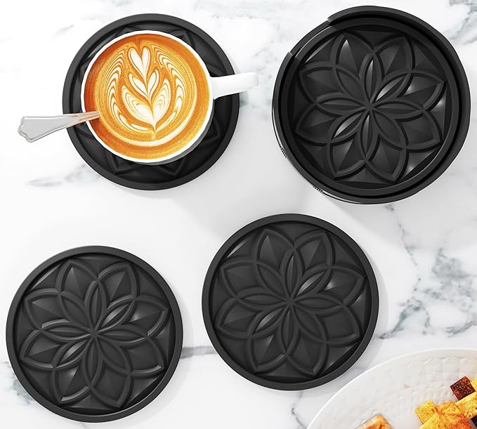 HFHOME Coasters for Drinks 4 Pcs Silicone Coasters Set, Drink Coaster for Coffee Table, Table Cup Mat Desk Coaster for Drinks, Bar Coasters for Home Decor Tabletop Protection Gift - Black