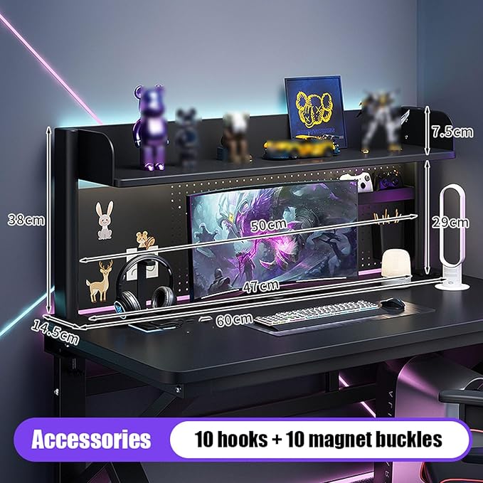 Generic 2/3 Tier Clamp On Desk Organizer Shelf,Clamp-on Above Desktop Storage Shelf Adjustable Clip On Shelving Unit Storage Tray with Perforated Board and Hooks, Black, H 38cm/14.9in
