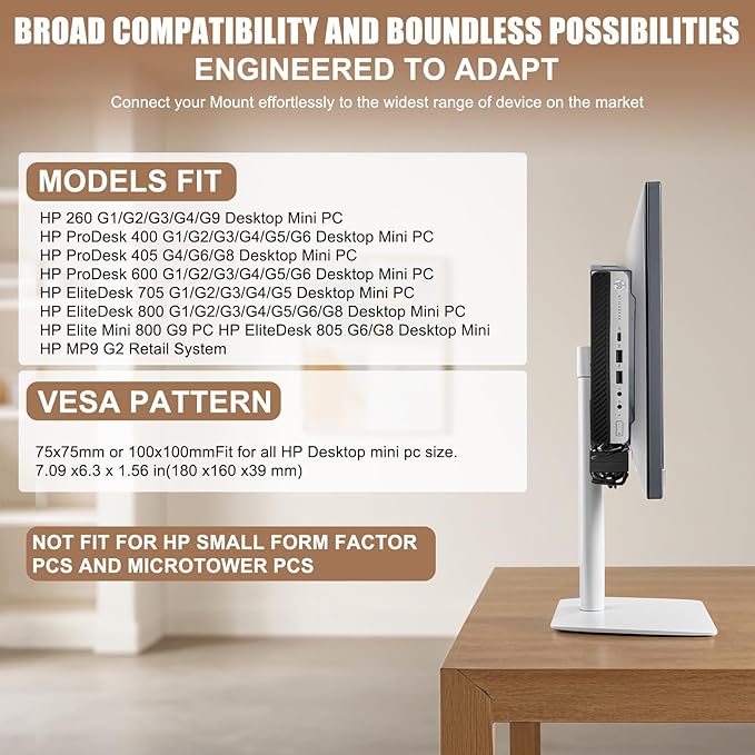 Wall VESA and Under Desk Mount for HP Mini PC, Mount for HP EliteDesk, Pro Mini, ProDesk, Replaces for Desktop Mini Dual VESA Sleeve V3,Support Desktop Mini PC Mount on an Arm, 75x75mm, 100x100mm