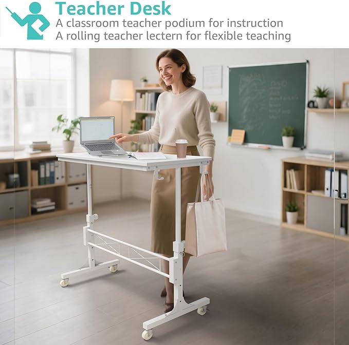 WINAZ Small Portable Treadmill Walking Pad Desk on Wheels, 32 Inch White Adjustable Height Mobile Rolling Standing Teacher Desks, Couch Sofa Side Laptop Stand Up Table for Bedroom, White