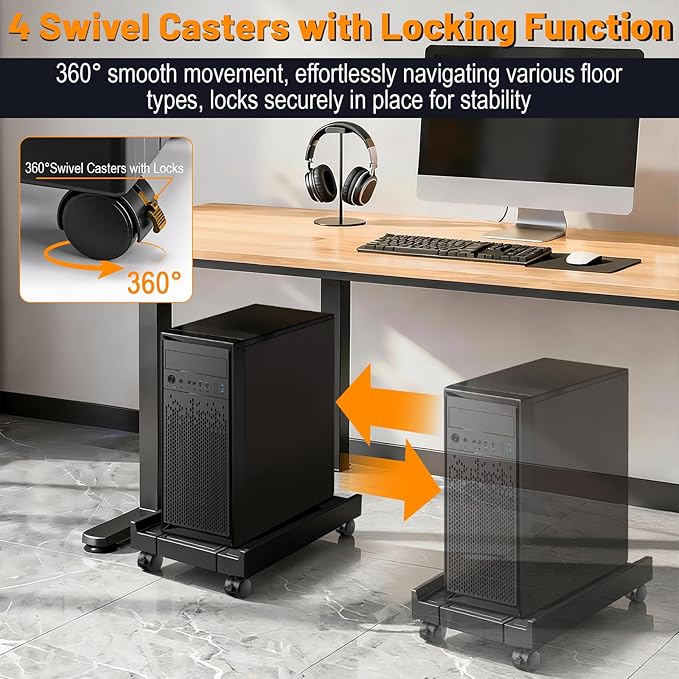 Tendak Adjustable Computer Tower Stand with Cooling Fan, Mobile CPU Holder Floor Stand with 4 Caster Wheels for Most PC Tower, Under Desk PC Holder for Office, Home and Classroom